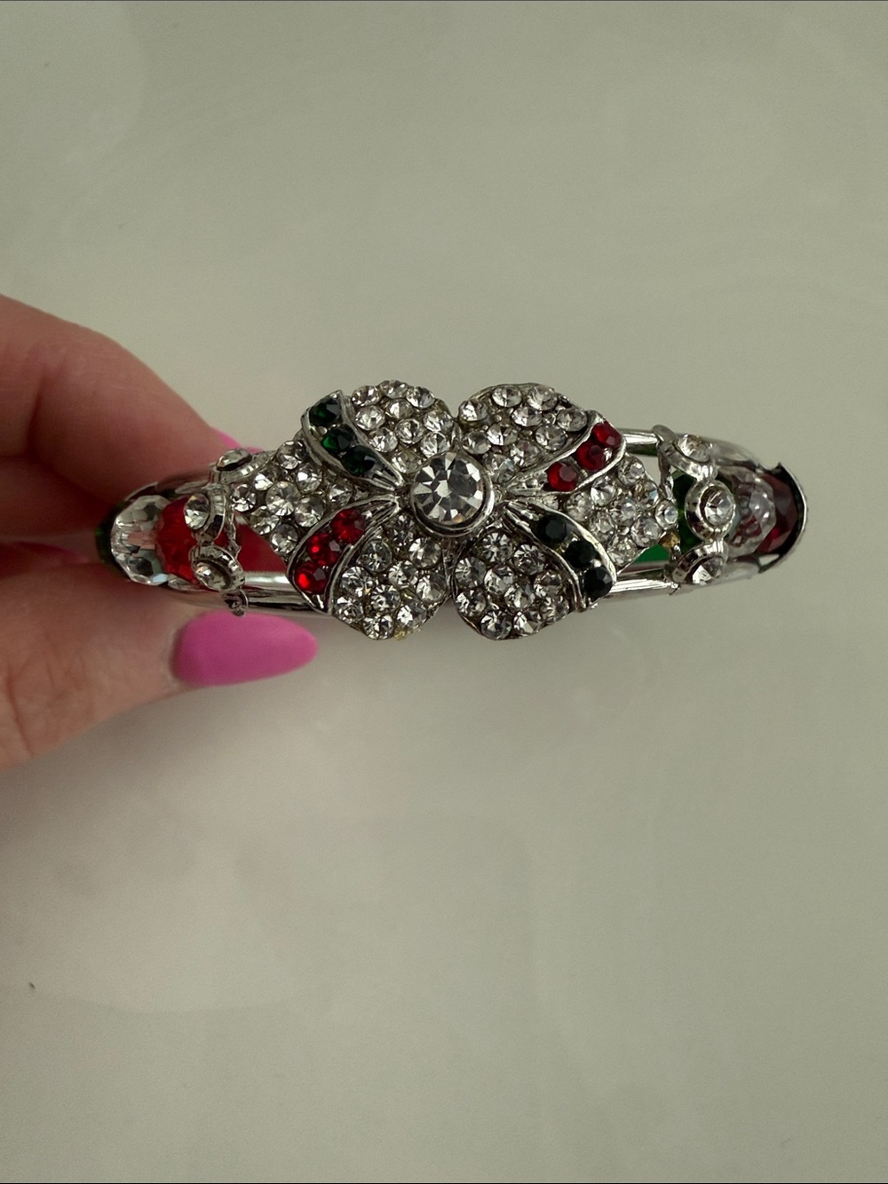 Crystal Floral Rhinestone Bangle Bracelet in Clear, Red, Green, and Black
